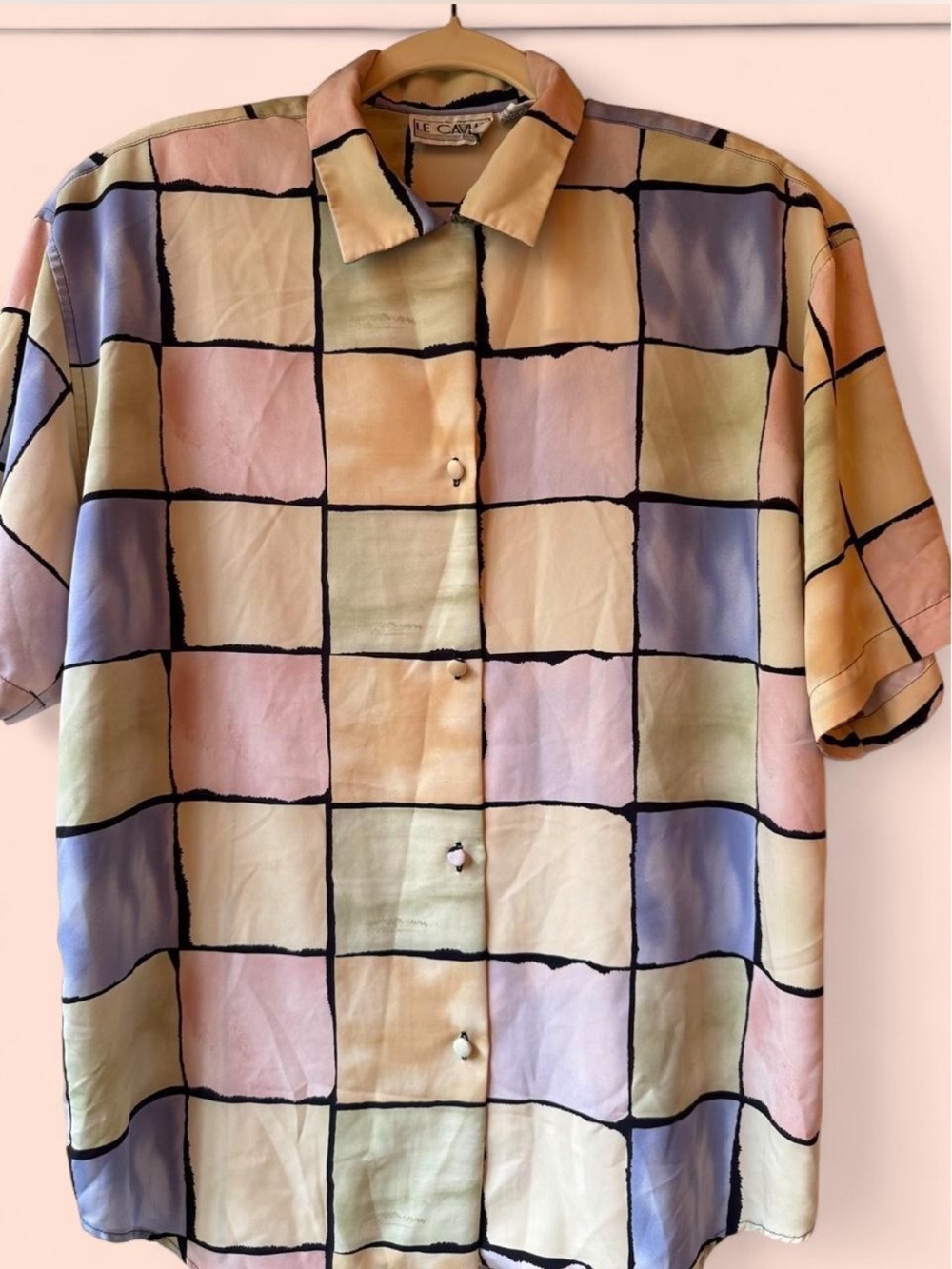 Le Caviar Vintage Pastel Grid Print Shoulder Pad Top